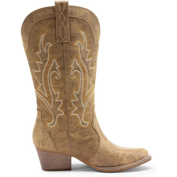 Brand New Women's Tan Faux Leather Chunky Heel Embroidery Stitched Western Boot - Picture 2 of 7